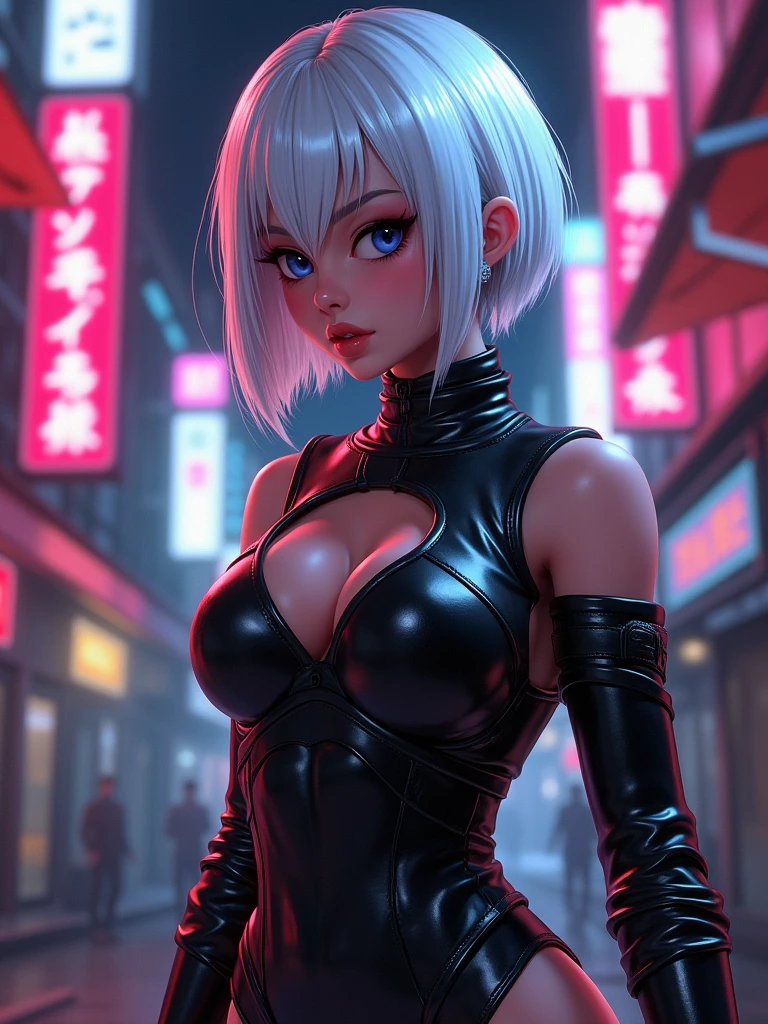 Sexy white girl, age 30 , bimbo, Giant tits:1.5, Saggy boobs:1.5, oppai, slim waist, Big ass:1.4, muscular abs:1.1, seductive, short light white hair, beautiful triangle face, wear a sexy ninja shiny leather battle suit, with underboob cut long sleeve, arousing nipples:1.3, pose drop off her breasts, 3d real cartoon style, masterpiece:1.2, 16k quality:1.0, highest quality.