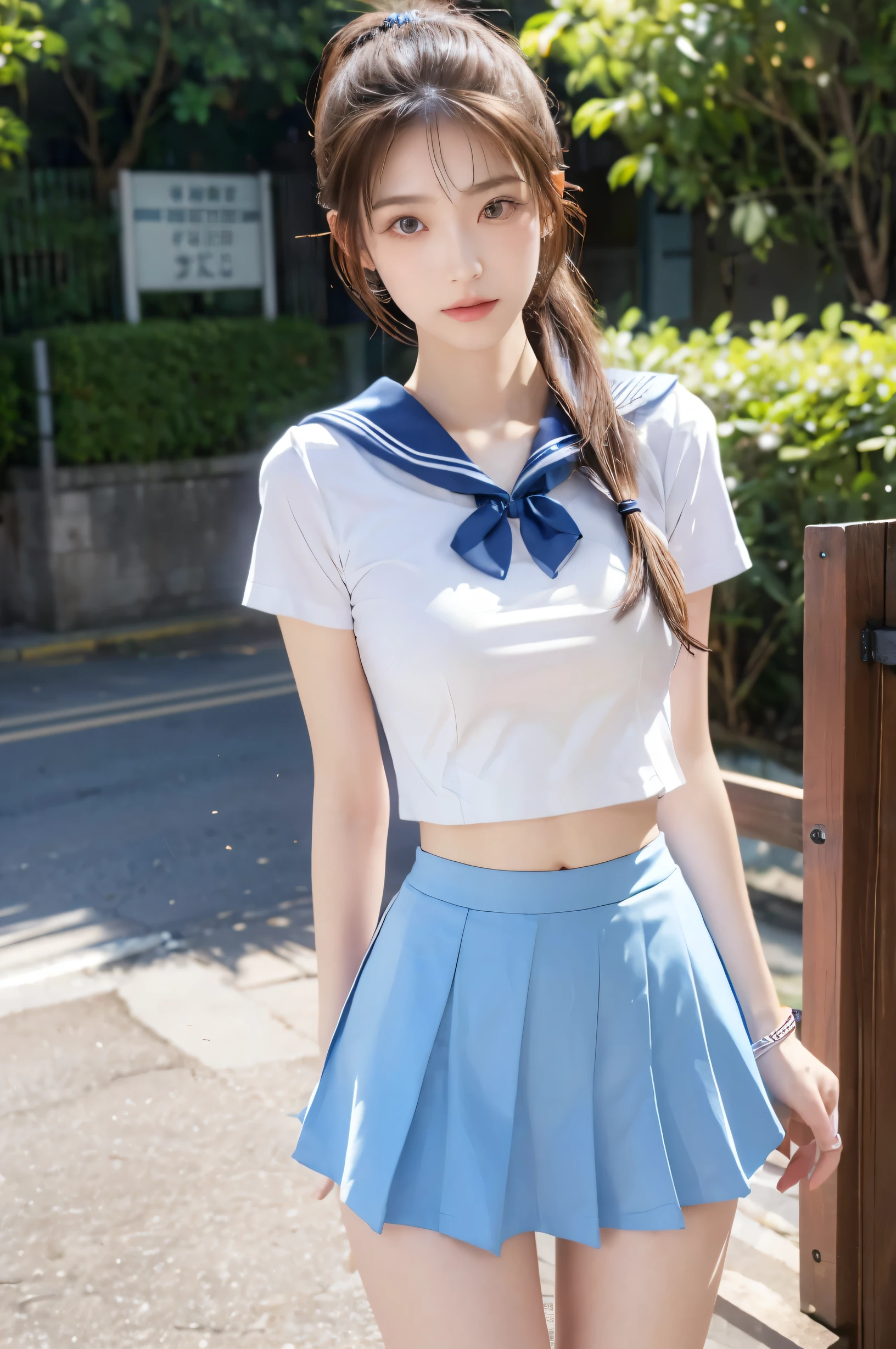 (Ultra HD), (looking at the camera), (Light blue sailor suit, Light blue mini skirt), Big Breasts, slender, Narrow waist, (The belly button is visible:0.8), whole body, Standing posture, (Beautiful Skin, Shiny skin, White skin), (Super slim face, Super beautiful face, No makeup), (light brown, ponytail, Layered Cut, Fluffy hair), (double eyelid, Slanted Eyes), Small Nose, Thin lips, (Thin legs:1.2), (Thin thighs:1.2), (Thin Hips:1.4), In front of the school gate