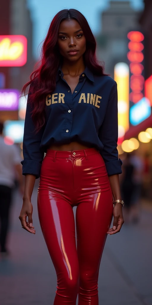 MASSIVE BUTTOCKS:2, red plastic leggings, UHD, She's a dark skin melanin Queen with tiny thin waist, city street, shapely body, navy blouse says "Jermaine", best quality, swanky burgundy hair, night 🌙 time, no nudity