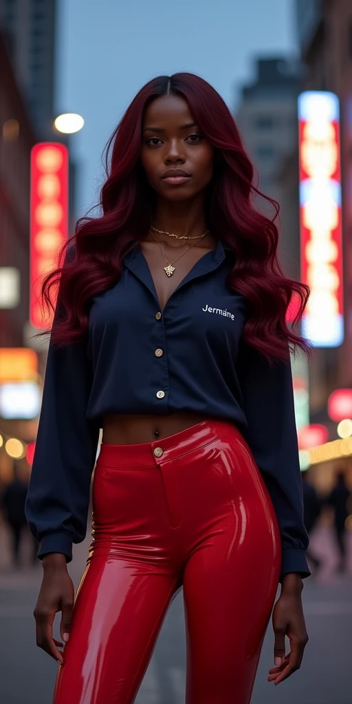 MASSIVE BUTTOCKS:2, red plastic leggings, UHD, She's a dark skin melanin Queen with tiny thin waist, city street, shapely body, navy blouse says "Jermaine", best quality, swanky burgundy hair, night 🌙 time, no nudity 