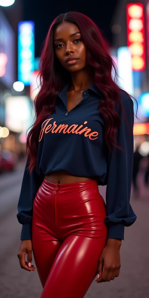 MASSIVE BUTTOCKS:2, red plastic leggings, UHD, She's a dark skin melanin Queen with tiny thin waist, city street, shapely body, navy blouse says "Jermaine", best quality, swanky burgundy hair, night 🌙 time, no nudity 