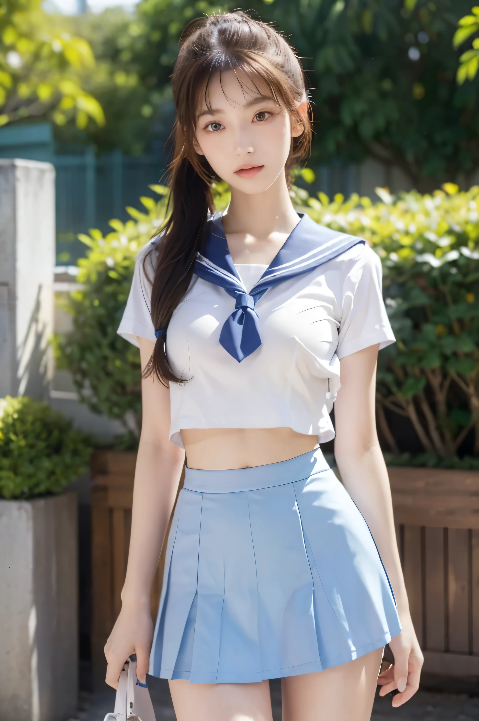 (Ultra HD), (looking at the camera), (Light blue sailor suit, Light blue mini skirt), Big Breasts, slender, Narrow waist, (The belly button is visible:0.8), whole body, Standing posture, (Beautiful Skin, Shiny skin, White skin), (Super slim face, Super beautiful face, No makeup), (light brown, ponytail, Layered Cut, Fluffy hair), (double eyelid, Slanted Eyes), Small Nose, Thin lips, (Thin legs:1.2), (Thin thighs:1.2), (Thin Hips:1.4), In front of the school gate