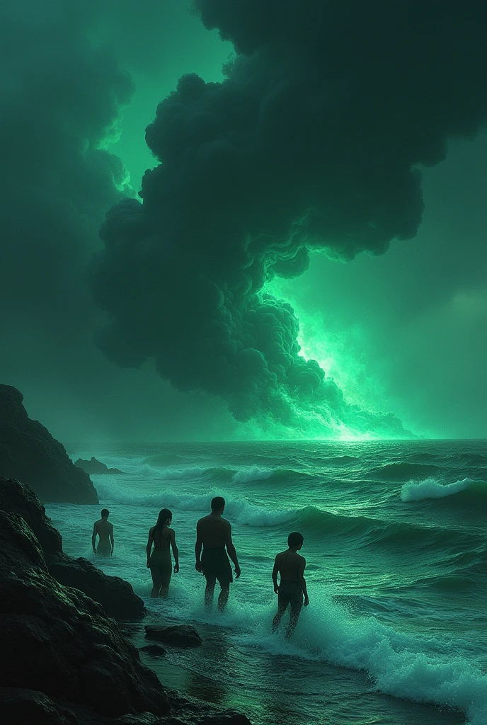 A dark, ominous cloud of poison rising from the ocean, with terrified Devas and Asuras recoiling in fear, their faces lit by the eerie glow of the toxic fumes.