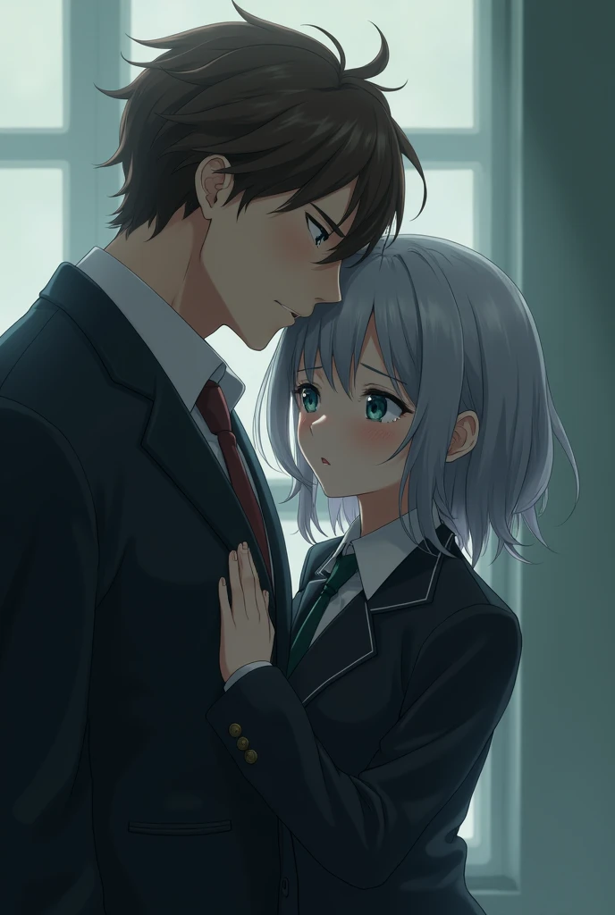 An 18-year-old anime girl with gray hair and blue eyes wearing a black suit is crying loudly and resting her head on the chest of a 25-year-old young man with brown hair, green eyes, and sharp, serious features. The girl is holding his shirt tightly and has tears in her eyes. She is sad and crying in a blurry background.
