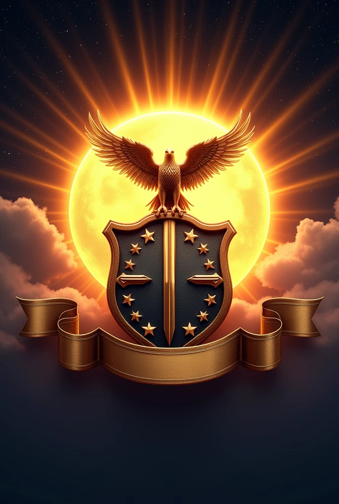 3d Sun in the back with shield with stars in the front with wing and scale of justice with eagle on top with sword and a stars in the background with a empty banner as a logo