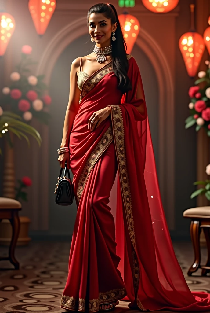 Full body image length including feet and sandals, full length photograph, 32 years old female, sexy saree and blouse with purse, party mood, big cheeks, super stylish dress with firm 36C cup breasts, accessories, earrings, necklace, erotic face, ponytail, look at viewer and smile, (cinematic:1.3), intricate details, (ArtStation:1.2)
