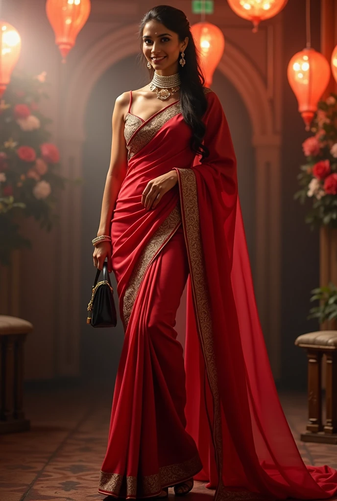 Full body image length including feet and sandals, full length photograph, 32 years old female, sexy saree and blouse with purse, party mood, big cheeks, super stylish dress with firm 36C cup breasts, accessories, earrings, necklace, erotic face, ponytail, look at viewer and smile, (cinematic:1.3), intricate details, (ArtStation:1.2)