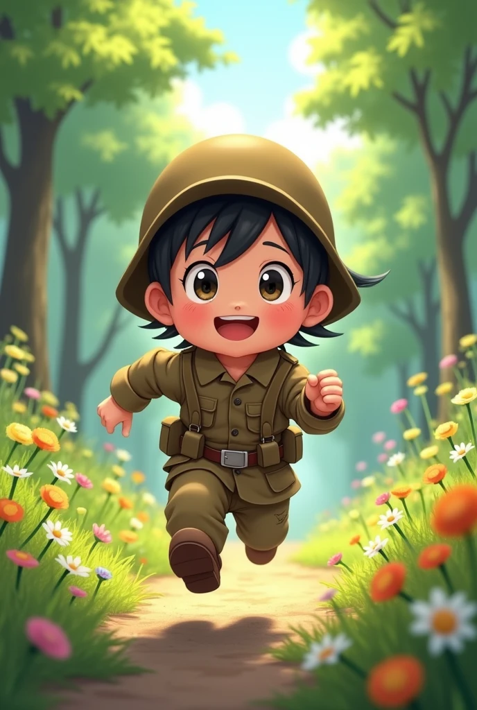 Brown combat uniform　Child　cute　　anime　I don't wear a hat　running