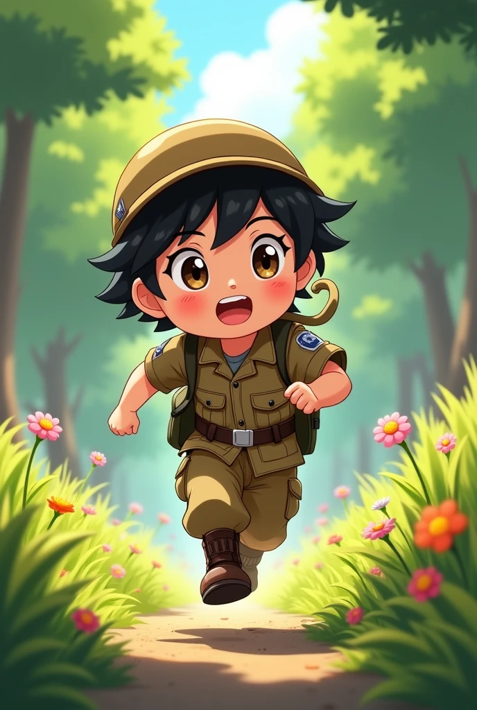 Brown combat uniform Child cute anime I don't wear a hat running
