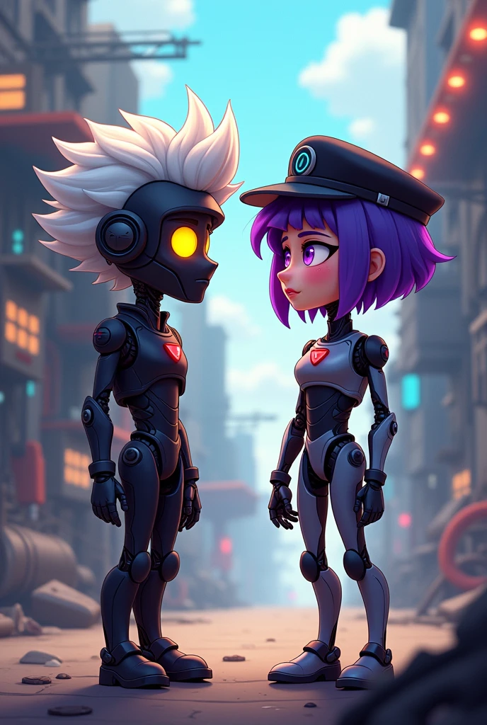 Screenshot of Murder Drones TV Series N and Uzi Together V Cried Male Robot White Hair Pilot Cap Yellow Eyes Screenshot and Female Robot with Short Purple Hair Black Cap Violet Eyes Serial Designation N and Uzi Cute Robot Model