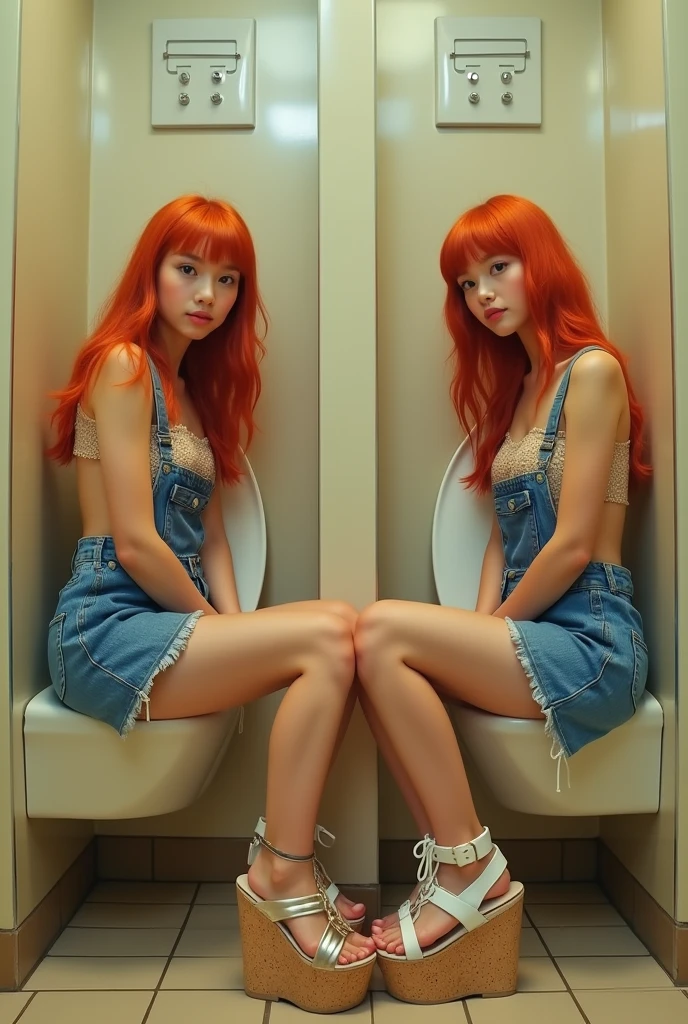 a public bathroom, two girls peeing together in two toilets next to each other, they are 1.4 meters tall and wearing denim , tube bras, cork-soled platform sandals, extremely detailed feet, beautiful detailed eyes, beautiful detailed lips, extremely detailed eyes and face, red hair
