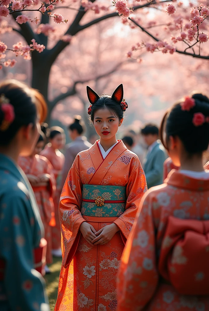 Japanese people looking at kimono, Large Breasts, Animal ears, cat

