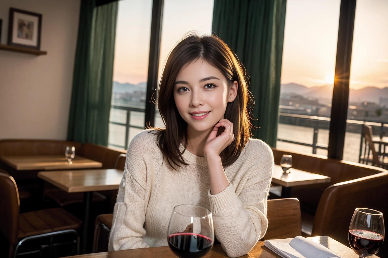 ((Highest quality、8k、masterpiece:1.3))、1 male、1 female、Couple、spouse、石原さとみ似の美男美女Couple、The body is slim、((Bob Hale、Straight hair:1.2)), (Realistic, Intricate details:1.2), テーブルの上のwine glass、Put the light on your face、 Amazing view of the sunset sky and clouds、Amazing mountain views、A bright smile、The wonderfulness of smile、Bright image、The beauty of wine, Beautiful Face, blue eyes, The light shines on your face, blush, short hair,Bright Face、 (43 years old), 39 years old, red wine 、Appetizers、Italian food、Wine bottle、Champagne、sparkling wine、Two beauties、Brown Hair、Shortcuts、Long sleeve shirt、dress、Pretty Woman 1, (slimな顔), (The body is slim), (Brown Hair), (Shortcuts), cheeks turn a little red,Attractive beauty、restaurant, In a prominent place (From the waist up) Nova Frog Style, actress, model, Upper Body, White wine, slim, wine glass, A wine glass placed in the center, smile, (smile: 1.15), Beautiful fine grain, Depth f/2,saturation, High Contrast, Strong light and shadow,Moist Body:1.5、3D texture、Delicate eyes、Brown Hair、The hair is very shiny、