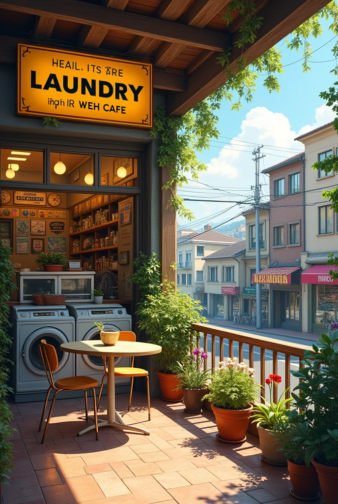 A laundry shop with a cafe on the second floor for waiting.