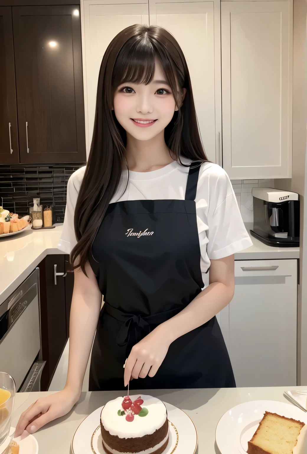 masterpiece、Highest quality、whole body、One Girl、bangs、Japanese、Long Black Hair、Long Hair、T-shirt、apron、cake、kitchen、smile、alone、Stylish woman、Pastel colored outfits、front、Luxury background elements、Confident expression、Modern and trendy、Fashion focused