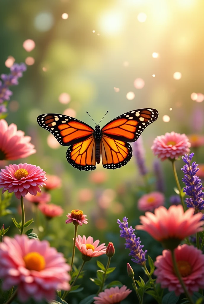 Monarch Butterfly in the flower garden, realistic