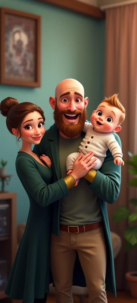 family of 3 people, an adult couple and an 8-month-old baby. The father is in the center, he is the tallest, big and strong, shaved bald hair and has a medium black Viking-style beard, with light brown eyes and smile. The father is holding the 8-month-old baby in his left arm. The eight-month-old baby has dark blond hair and big dark blue eyes. The mother has light brown hair and light brown eyes, her hair tied up and a beautiful smile, she is very beautiful and elegant. Character should be colorful and have a fun, friendly look, with exaggerated, expressive features.  Pixar style