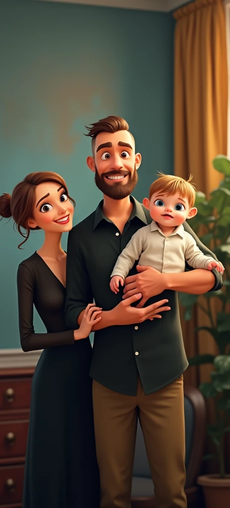 family of 3 people, an adult couple and an 8-month-old baby. The father is in the center, he is the tallest, big and strong, shaved bald hair and has a medium black Viking-style beard, with light brown eyes and smile. The father is holding the 8-month-old baby in his left arm. The eight-month-old baby has dark blond hair and big dark blue eyes. The mother has light brown hair and light brown eyes, her hair tied up and a beautiful smile, she is very beautiful and elegant. Character should be colorful and have a fun, friendly look, with exaggerated, expressive features.  Pixar style