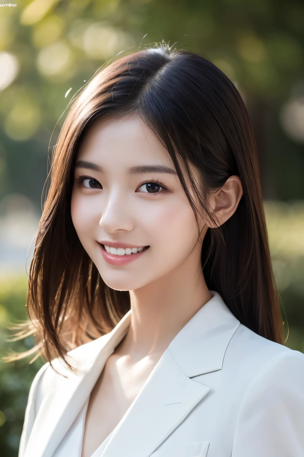 (Perfect Anatomy)Women noon formal white suit White suit Beautiful Japanese idol portraits White teeth smile Good posture , (RAW Photos, Highest quality), (Realistic, Realistic:1.4), (masterpiece), Very delicate and beautiful, Very detailed, 2k wallpaper, wonderful, finely, Very detailed CG Unity 8K wallpaper, Very detailed, High resolution, Soft Light, Beautiful detailed, Very detailed eyes and face, Beautiful and sophisticated nose, Beautiful and beautiful eyes, Cinema Lighting, (Fashion magazine photography:1.3 Swept-back hair Black semi-long hair、 smile