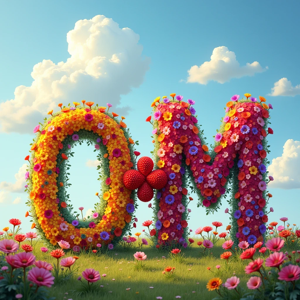 Give me some image there letters "O" and "M" formed by a variety of colorful flowers against a sky background. The " + " sign in the middle, also made of flowers, suggests a connection between the two letters, possibly symbolizing a relationship or a combination of initials. The sky with clouds adds a peaceful, natural atmosphere to the scene.