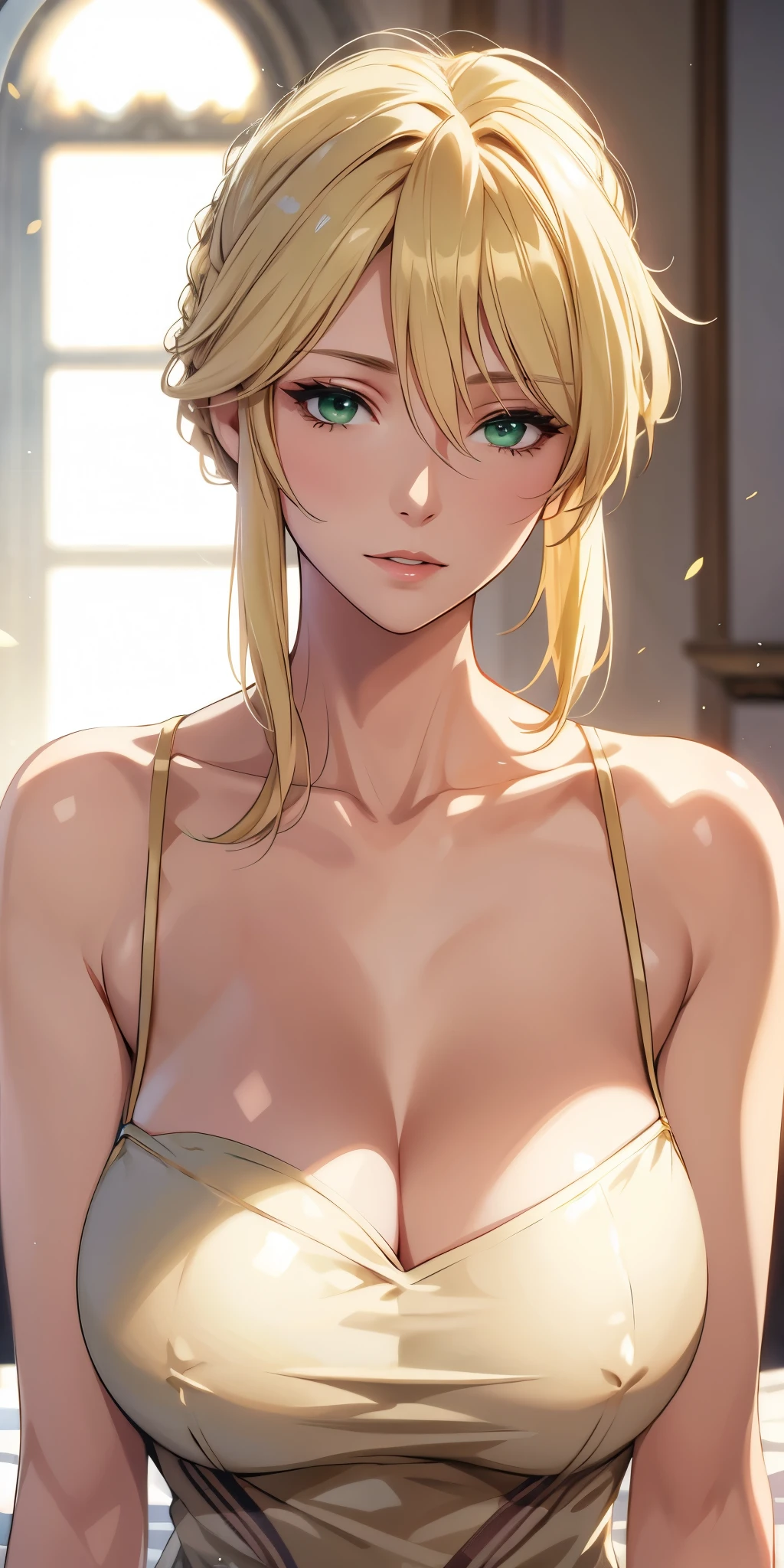 Elegant mature female, artoria pendragon, green eyes, blonde hair, soft light, high detailed, 4k resolution, high quality, beautiful cg, 