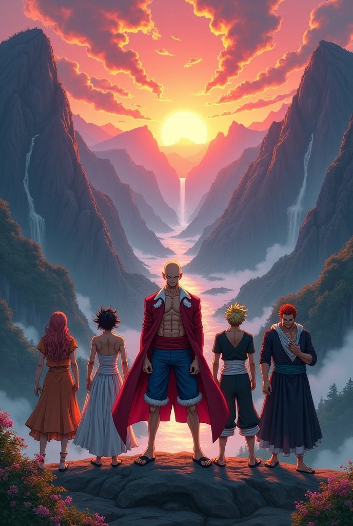 crossover badass anime characters from one punch man, one piece, naruto, demon slayer, bleach, dragon ball, fairy tail. landscape epic background. portrait 9:16