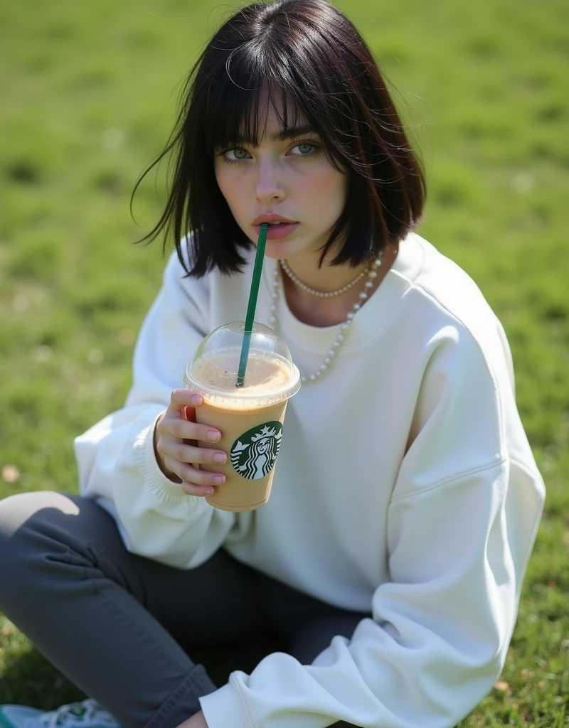 (RAW photo, best quality, masterpiece: 1.2), (photorealistic: 2), (Polish girl, 20 years old, black hair, Light grey eyes, short bob cut, hair in 7 thirds, hair over one ear, Symmetrical eyes, solo, Detailed Skin:1.1), Wearing a white oversized sweatshirt, dark grey pants, light blue and white Nike Jordans, a small pearl necklace, sitting Indian style on the grass, drinking a Starbucks latte from a clear cup with a green straw, angled slightly above, sunny, gel nails,