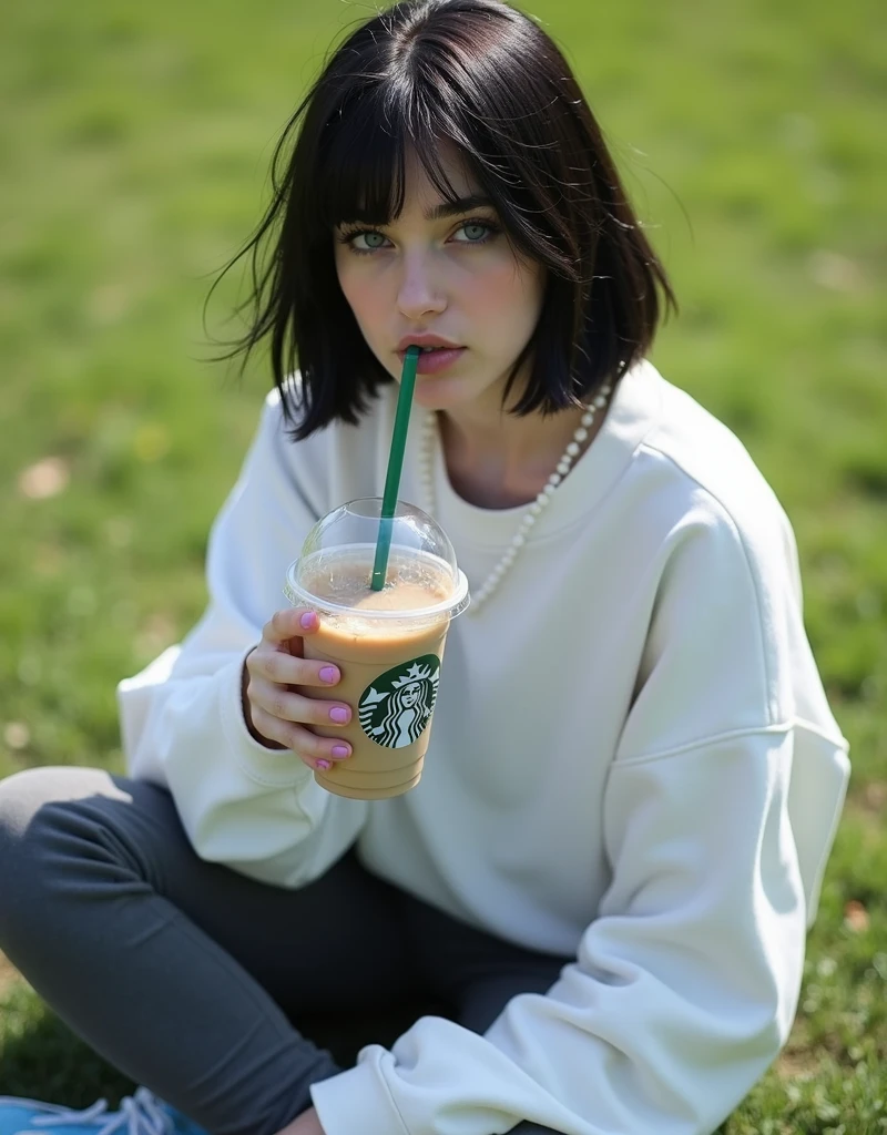 (RAW photo, best quality, masterpiece: 1.2), (photorealistic: 2), (Polish girl, 20 years old, black hair, Light grey eyes, short bob cut, hair in 7 thirds, hair over one ear, Symmetrical eyes, solo, Detailed Skin:1.1), Wearing a white oversized sweatshirt, dark grey pants, light blue and white Nike Jordans, a small pearl necklace, sitting Indian style on the grass, drinking a Starbucks latte from a clear cup with a green straw, angled slightly above, sunny, gel nails,