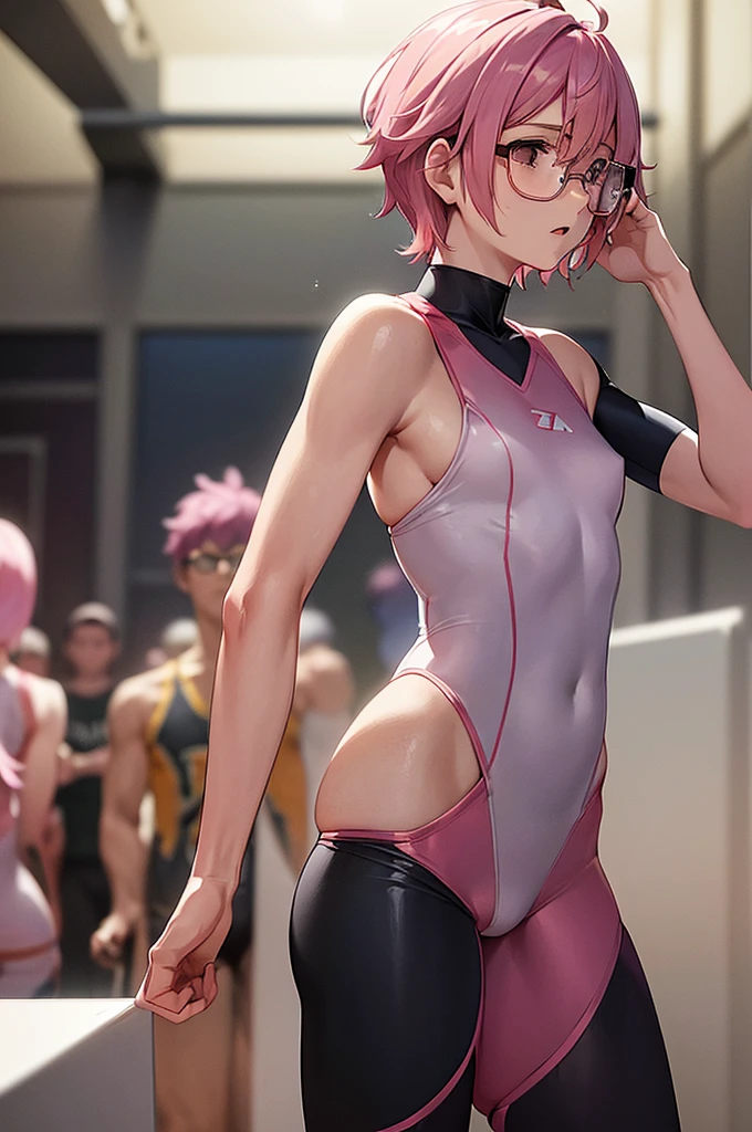 masterpiece, best quality,anime style, 1 girl,(((slender body))), (((small eyes))),(((athlete suit,glasses))), (beautiful face), (((short hair))), (((straight hair))), ((((pink hair)))),detailed beautiful skin, (perfect hands, perfect anatomy),scream