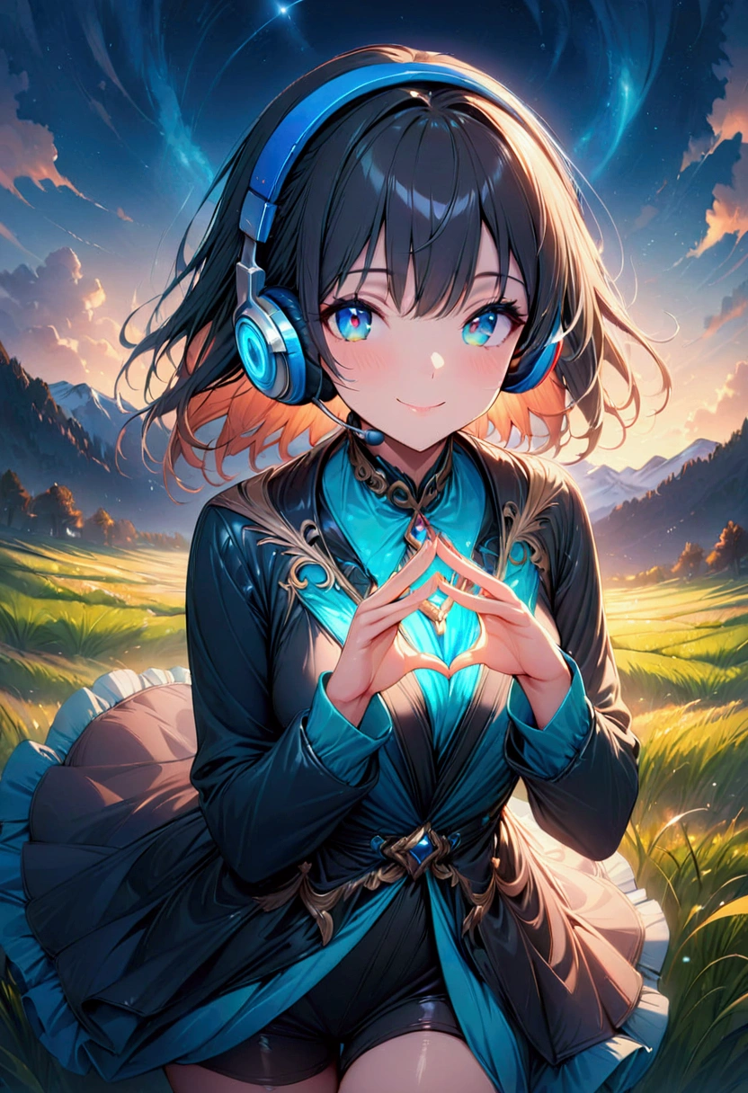 beautiful girl,headphone, smile,Cinema Lighting, (masterpiece:1.2), 最high quality, high quality, High resolution, (Super detailed), Detailed Background, One person,field,Bright sky,looking at the camera,Spread your hands