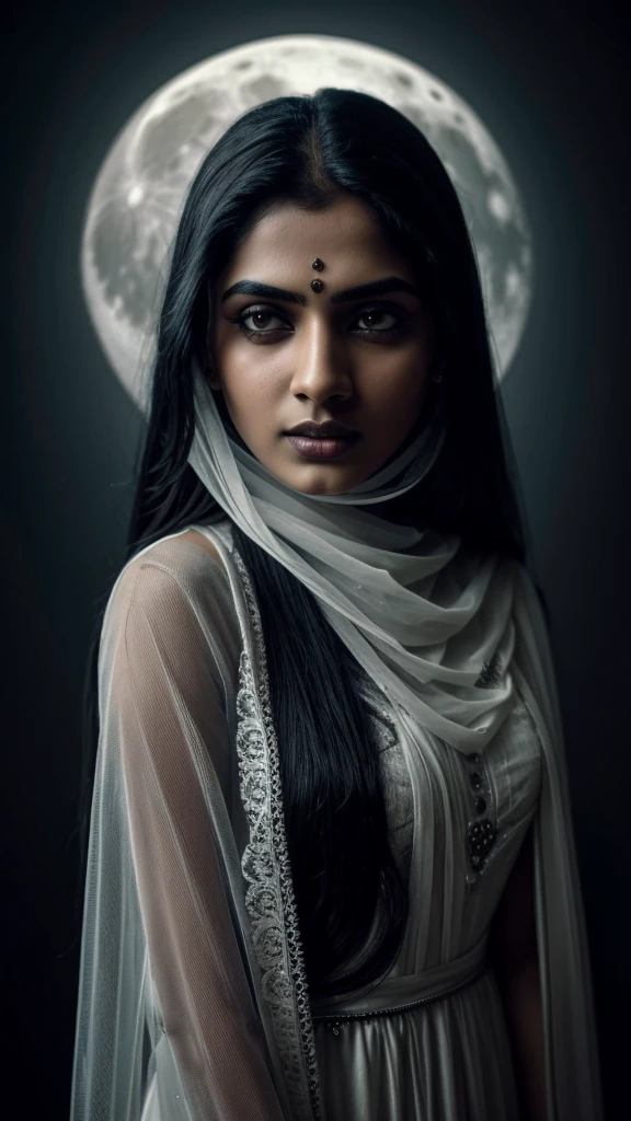 a beautiful indian woman ghost, detailed ghost portrait, detailed face and eyes, ghostly pale skin, long black hair, ghostly dress, dark horror room, full moon, dark cloudy sky, fog, moonlight, dramatic lighting, cinematic, dark fantasy, horror, gothic, moody, atmospheric, highly detailed, 8k, photorealistic, chiaroscuro, full body image