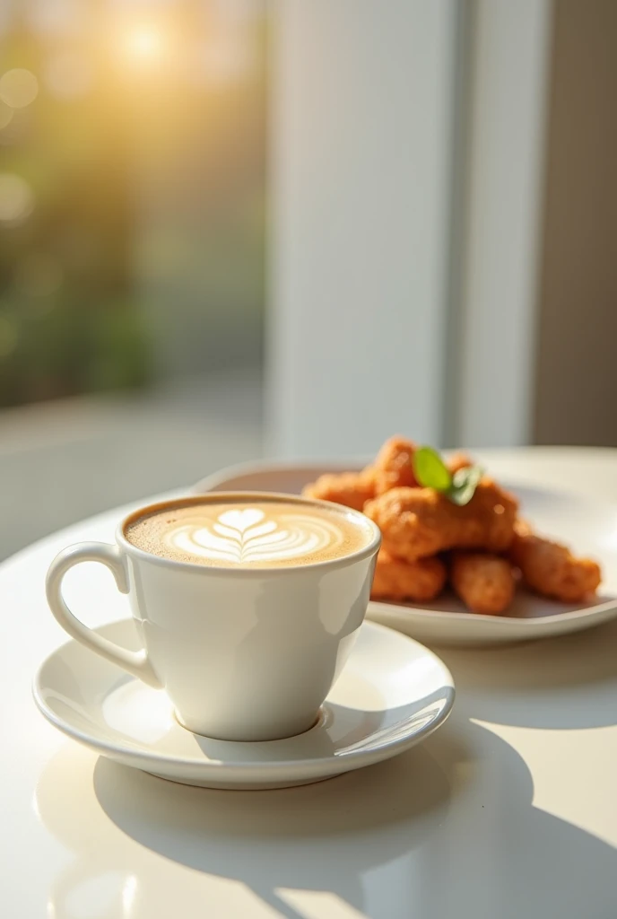 A minimalist style cafe，With bokeh background，There is a cup of latte coffee in an all white matte ceramic cup on the table，Next to it is a plate of Taiwanese delicacy salty crispy chicken(Place flat on the table)，Background blur，Fresh and bright light and shadow，Feel comfortable and warm，And there are gradient blur and fresh and bright light and shadow。