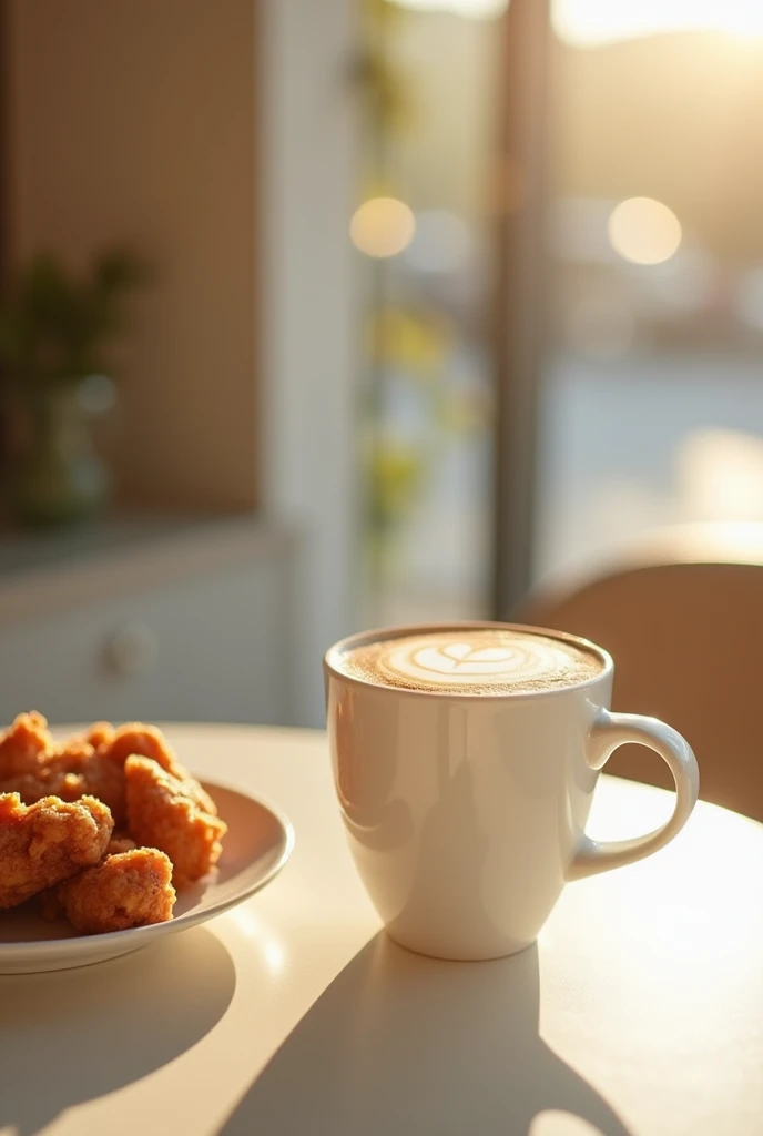 A minimalist style cafe,With bokeh background,There is a cup of latte coffee in an all white matte ceramic cup on the table,Next to it is a plate of Taiwanese delicacy salty crispy chicken(Place flat on the table),Background blur,Fresh and bright light and shadow,Feel comfortable and warm,And there are gradient blur and fresh and bright light and shadow。