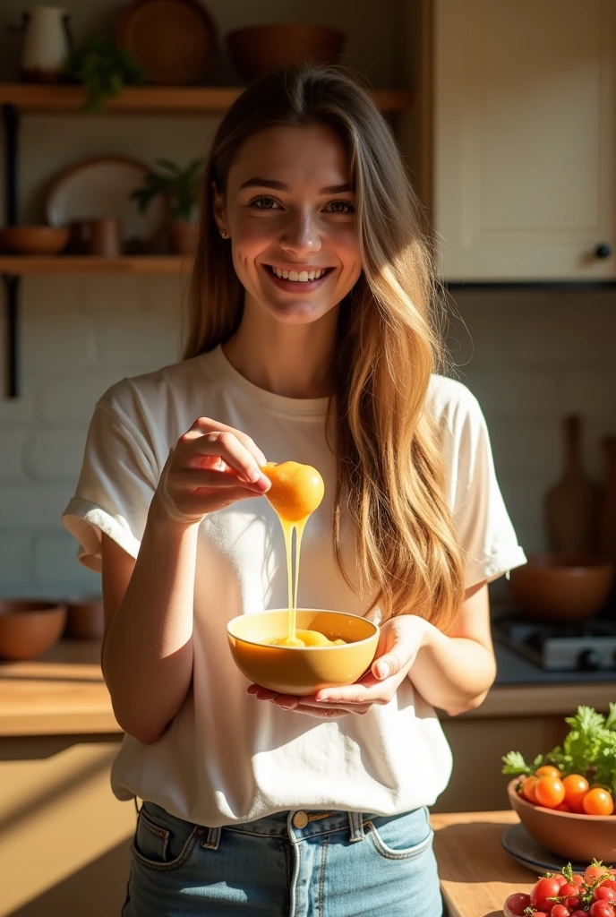 A girl of 21 showing liquid creamy paste  in her hand, showing its viscosity with other hand