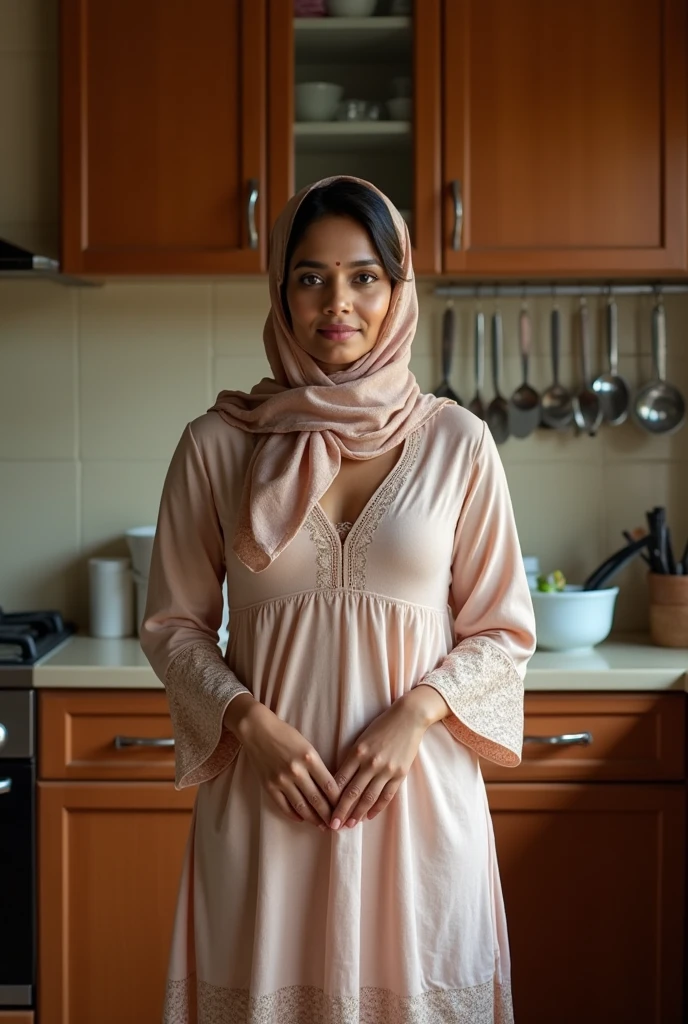 Hijab Indian curvy young female white fair skintone wearing sleepwear dress hijab scarf in kerala kitchen Realistic image. body figure looks like actress nithya menon.big breast. No carpet. No indoor plants. Front view. Wearing hijab scarf