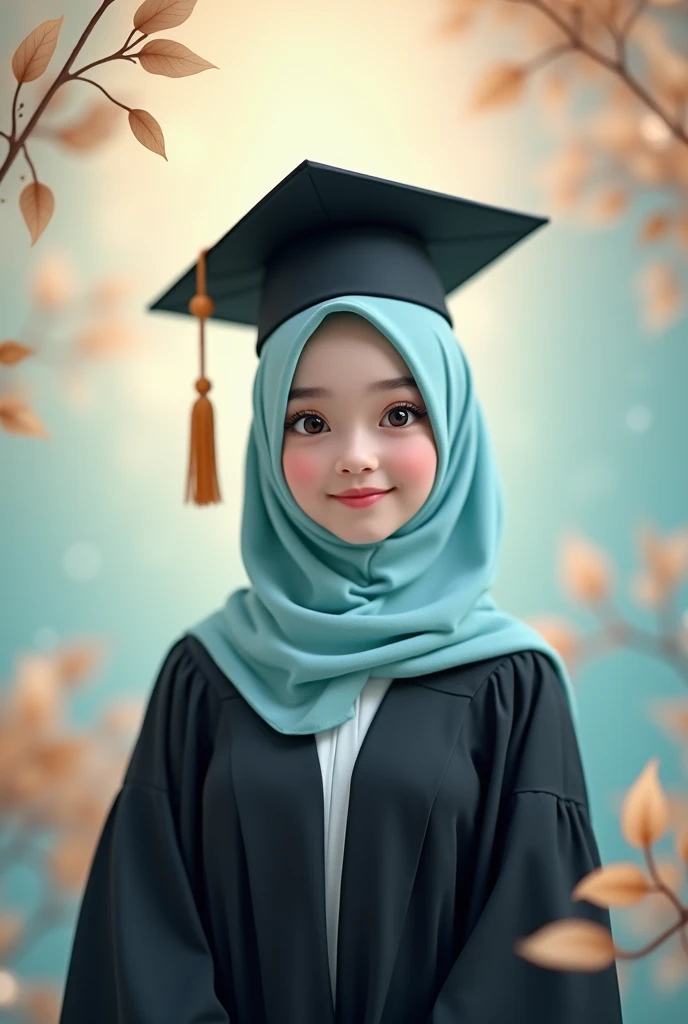 Consept art photography, fan art photography, a women, wearing hijab, pastel blue hijab, wearing black graduation hat, Wearing black graduation gown, kawaii pose, pastel blue theme background, leaf effect background, pastel brown leaf effect, pastel brown lighting effect, volumetric lighting, bright results, perfect  pose, kawaii design theme background 