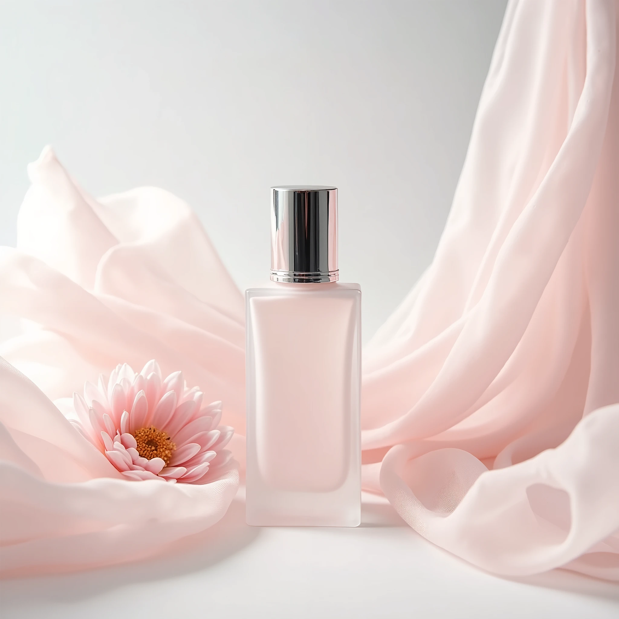 In this bottom view shot , the whitening essence bottle sits on a gleaming white surface , surrounded by wisps of pink chiffon . A flower next to the product. The bottle is slender and sophisticated , with a clear glass body and a gleaming silver cap . The chiffon adds a delicate , feminine touch to the image , while the clean lines and minimalist styling emphasize the elegance of the product . Shot by Ellen von Unwerth , using a Sony Alpha a7R IV and a Sony FE 50mm f /1.8 lens iw 2 --s 50