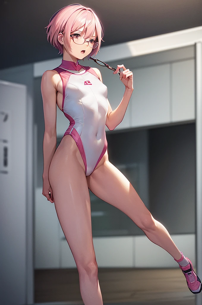 masterpiece, best quality,anime style, 1 girl,(((slender body))), (((small eyes))),(((athlete suit,glasses))), (beautiful face), (((short hair))), (((straight hair))), ((((pink hair)))),detailed beautiful skin, (perfect hands, perfect anatomy),scream