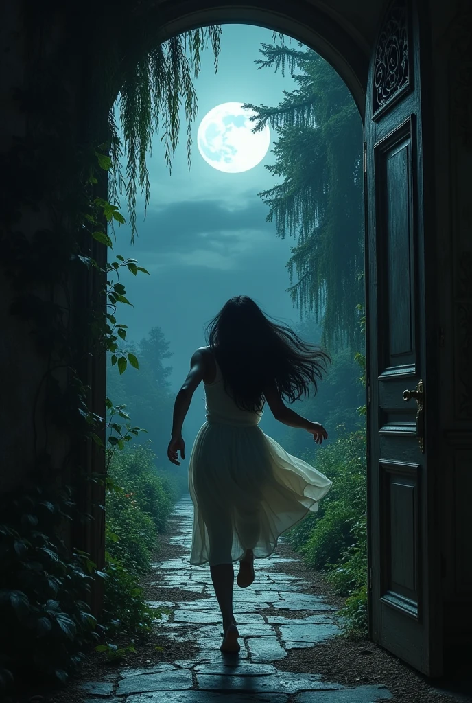 Image 5: The Chase and EscapeThe shadow gets closer, and Radha tries to flee, but her fear makes it difficult. The door to the mansion suddenly opens, and she escapes into the night.Image