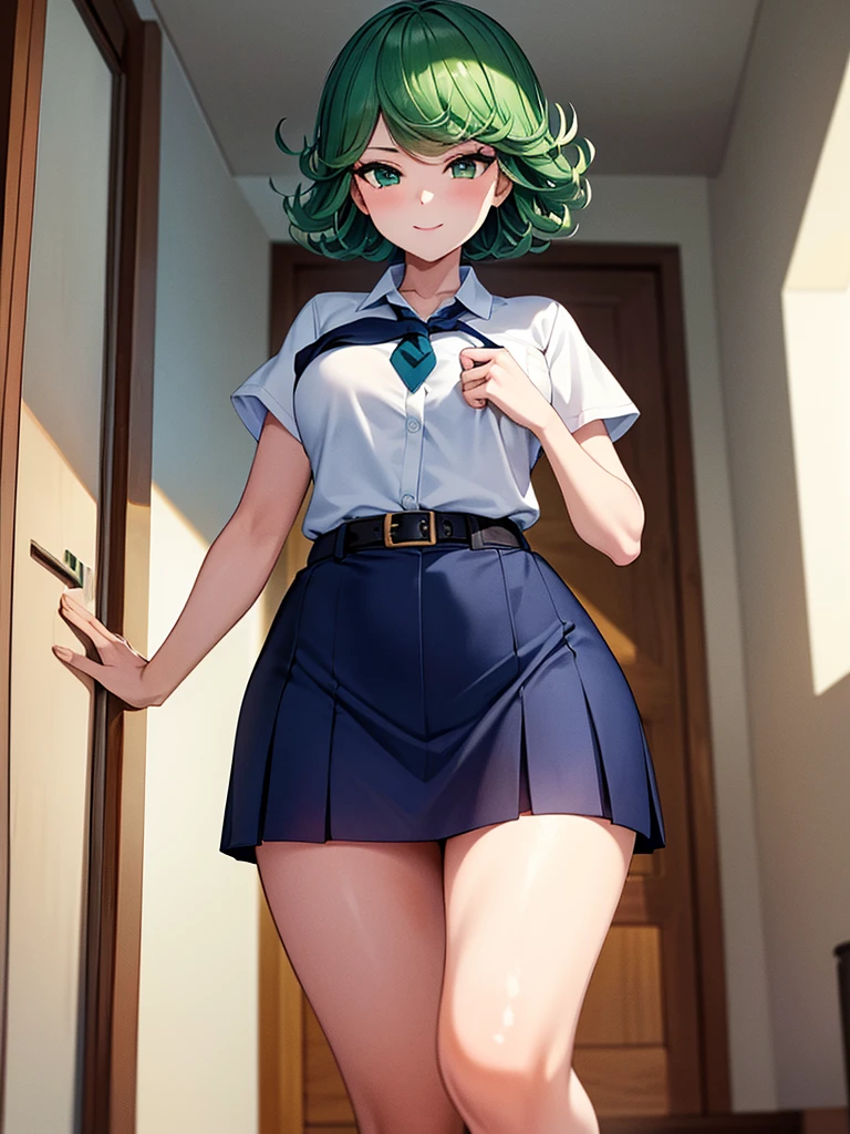 (high res, 8K, masterpiece, looking at viewer, best quality, very aesthetic, ultra detailed, ultra background, ultra Eyes) intricate details, 1girl, Tatsumaki, Chibi, body perpendicular to facing the camera, Green Short Hair, Green Eyes, short sleeved white shirt, Smile Face, pocket on left chest, wearing a Navy Blue tie, Navy Blue short skirt, wear a belt, Background school hallway, School, Cinematic Angle