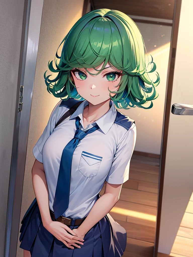 (high res, 8K, masterpiece, looking at viewer, best quality, very aesthetic, ultra detailed, ultra background, ultra Eyes) intricate details, 1girl, Tatsumaki, Chibi, body perpendicular to facing the camera, Green Short Hair, Green Eyes, short sleeved white shirt, Smile Face, pocket on left chest, wearing a Navy Blue tie, Navy Blue short skirt, wear a belt, Background school hallway, School, Cinematic Angle