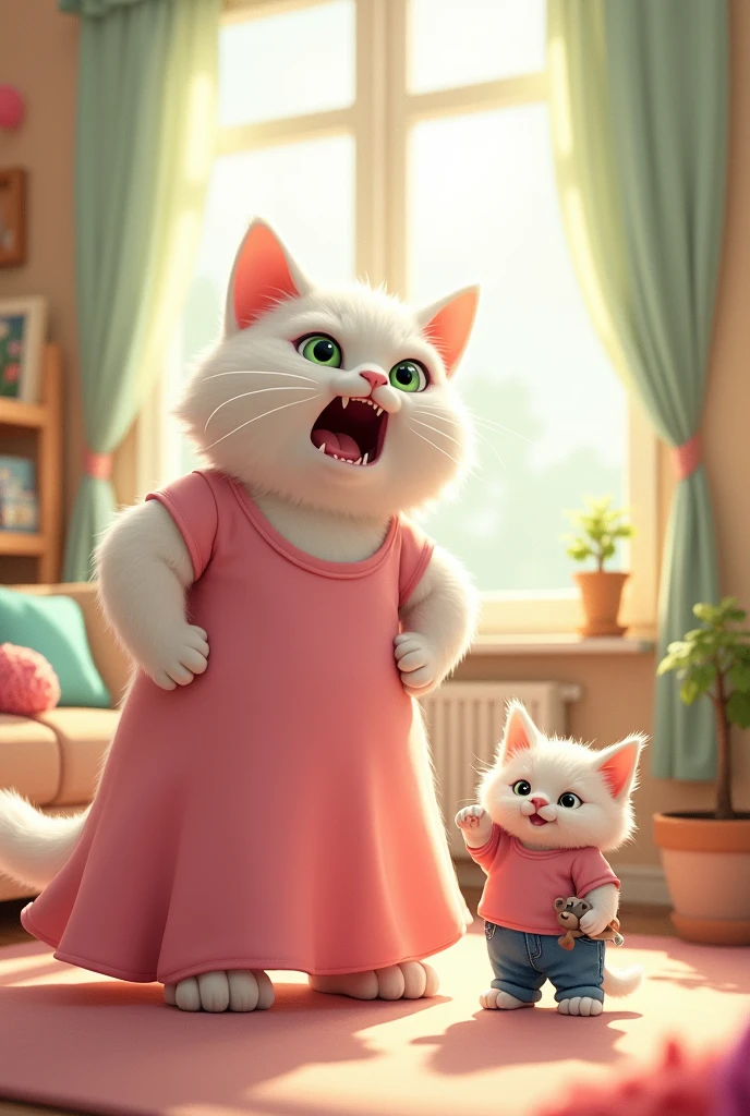 An angry big white cat dressed in pink large Maxie is shouting at a little white cat dressed in pink shirt and blue jeans 