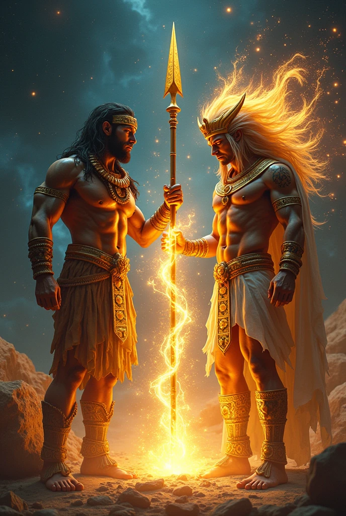 Paleolithic age god and Egyptian god creating a weapon using their cosmic energy