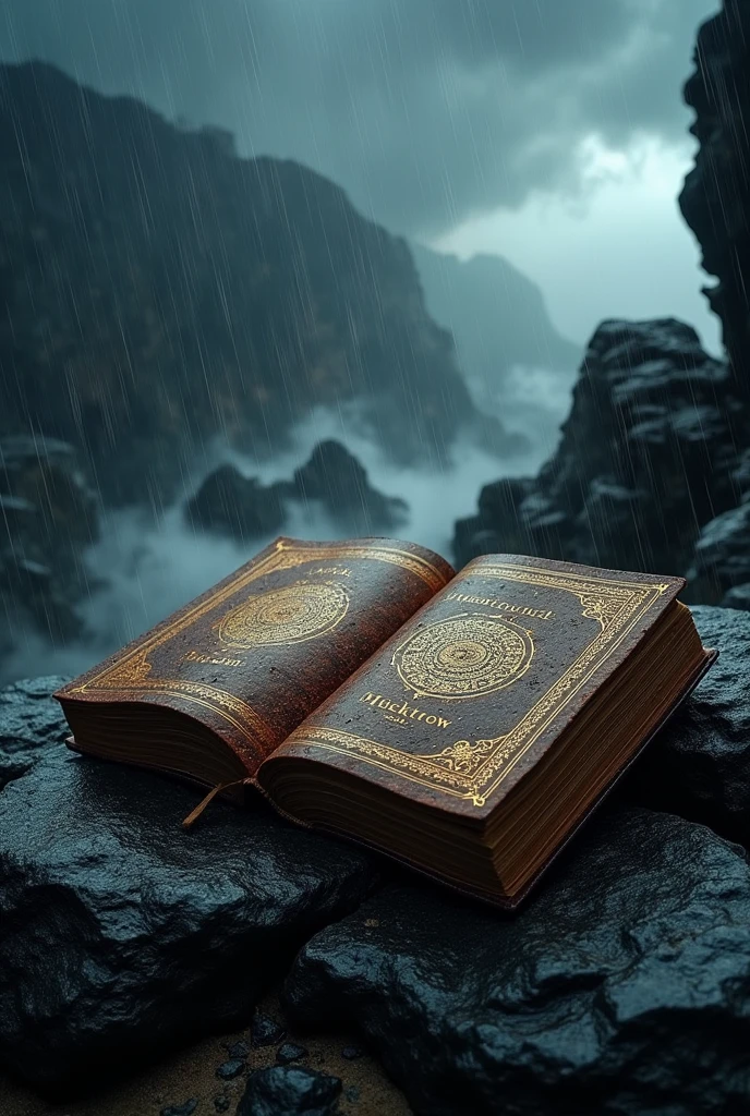 The mask symbol included "Muicktrow" title brown colour historical type book on black rock with with rain and thunder weather condition