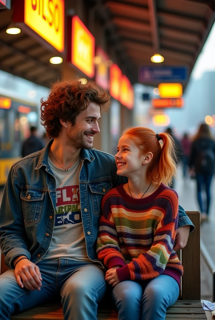 Two friends sitting on bus station