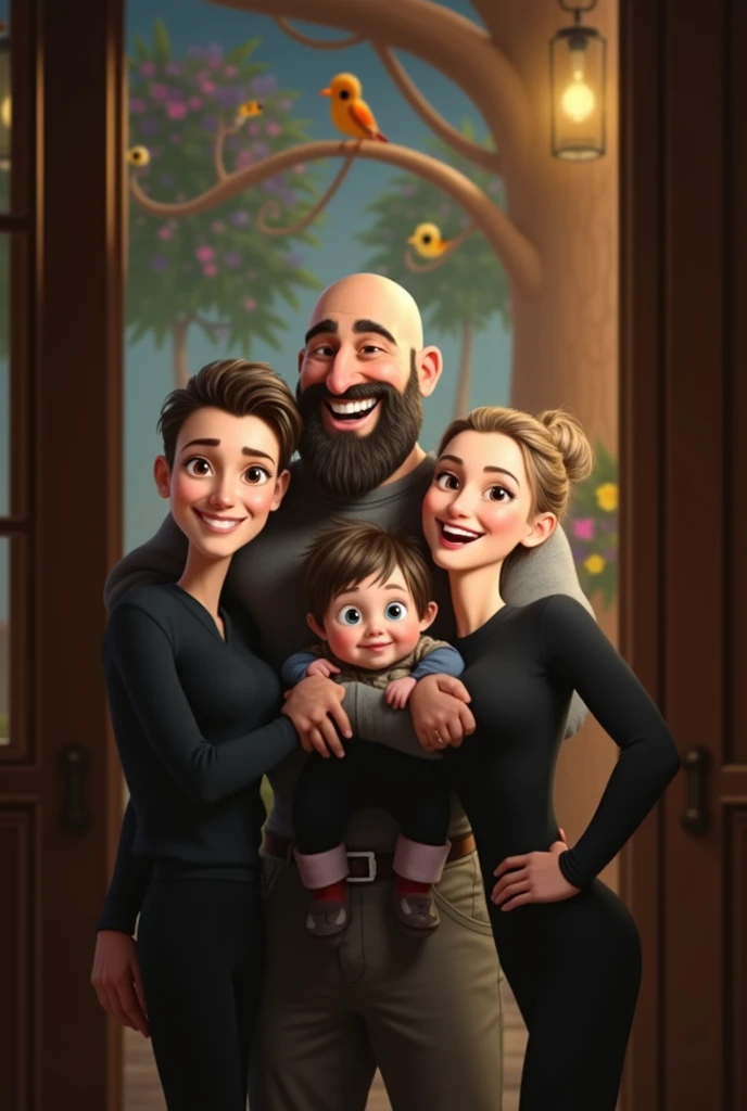 family of 3 people, an adult couple and an 8-month-old baby. The father is in the center, he is the tallest, big and strong, shaved bald hair and has a medium black Viking-style beard, with light brown eyes and a big smile. The father is holding the 8-month-old baby in his left arm. The eight-month-old baby has dark blond hair and big dark blue eyes. The mother has light brown hair and light brown eyes, her hair tied up and a beautiful smile, she is very beautiful and elegant. Character should be colorful and have a fun, friendly look, with exaggerated, expressive features. Pixar style