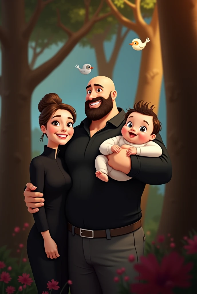 family of 3 people, an adult couple and an 8-month-old baby. The father is in the center, he is the tallest, big and strong, shaved bald hair and has a medium black Viking-style beard, with light brown eyes and a big smile. The father is holding the 8-month-old baby in his left arm. The eight-month-old baby has dark blond hair and big dark blue eyes. The mother has light brown hair and light brown eyes, her hair tied up and a beautiful smile, she is very beautiful and elegant. Character should be colorful and have a fun, friendly look, with exaggerated, expressive features. Pixar style