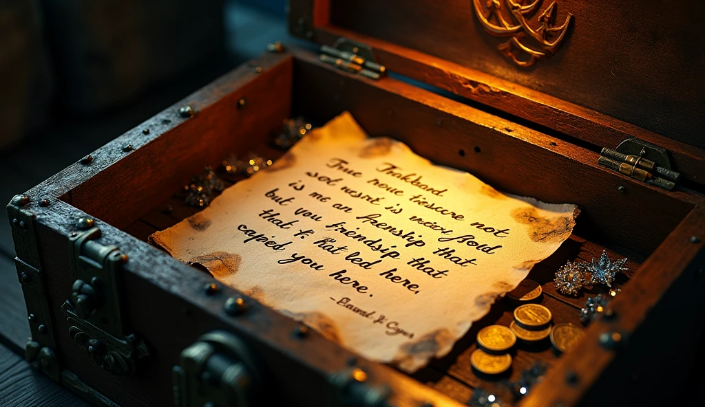 A close-up of the letter inside the treasure chest, written by Captain Blackbeard, with the words 'True treasure is not gold but the friendship that led you here.'"