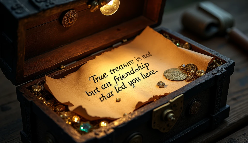 A close-up of the letter inside the treasure chest, written by Captain Blackbeard, with the words 'True treasure is not gold but the friendship that led you here.'"