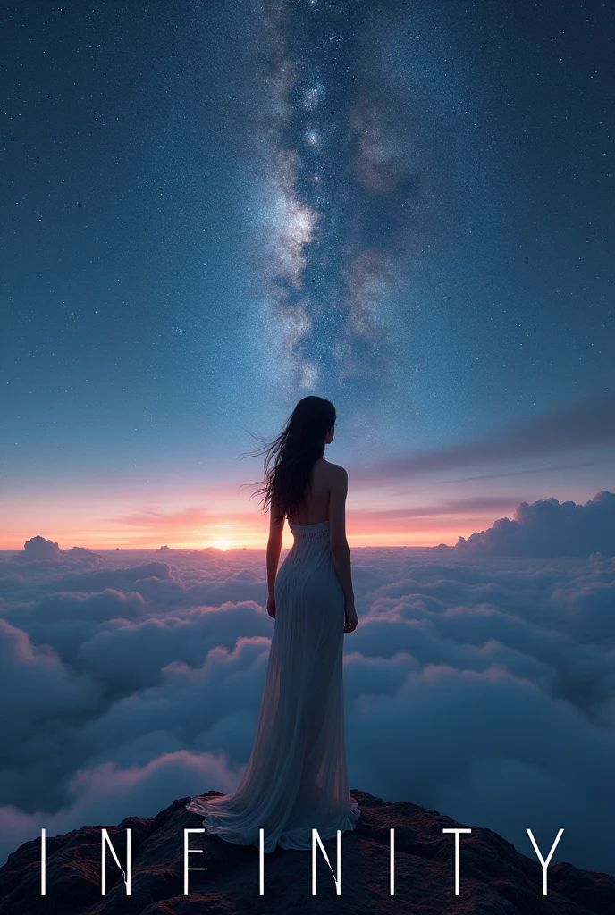 The words "INFINITY" written in large letters at the bottom of the screen, ((masterpiece, highest quality, Highest image quality, High resolution, photorealistic, Raw photo, 8K)), ((Extremely detailed CG unified 8k wallpaper)), (huge stunning goddess shot, very hot and sexy, jaw-dropping beauty, perfect proportions, beautiful body, slim body beauty:1.4), Midnight, looking up at the starry sky from the observation deck of a huge spaceship, the sky the ancient gods looked up to, the origins of mankind, seen from behind,